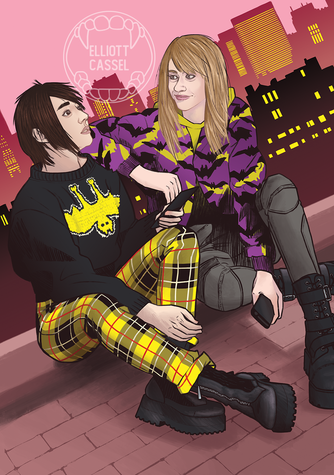 A digital painting of a young Asian woman with short black hair sitting on a rooftop with her friend, a young white woman with long blonde hair. They are both wearing fashionable but casual clothes. In the background is the city of Gotham.