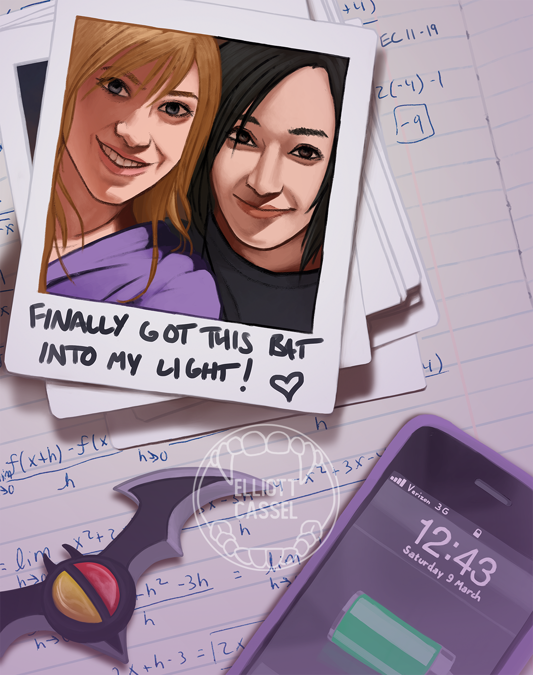 A digital painting of a set of polaroids on a desk ,sitting next to a smartphone, batarang, and math homework. The top polaroid shows two smiling young women, Stephanie Brown and Cassandra Cain, captioned "Finally got this bat into my light!"