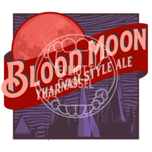 A red and purple digital painting resembling the old Blue Moon beer logo, but now it reads Blood Moon, Yharnam-style ale.