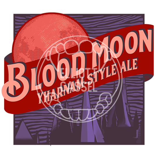 A red and purple digital painting resembling the old Blue Moon beer logo, but now it reads Blood Moon, Yharnam-style ale.