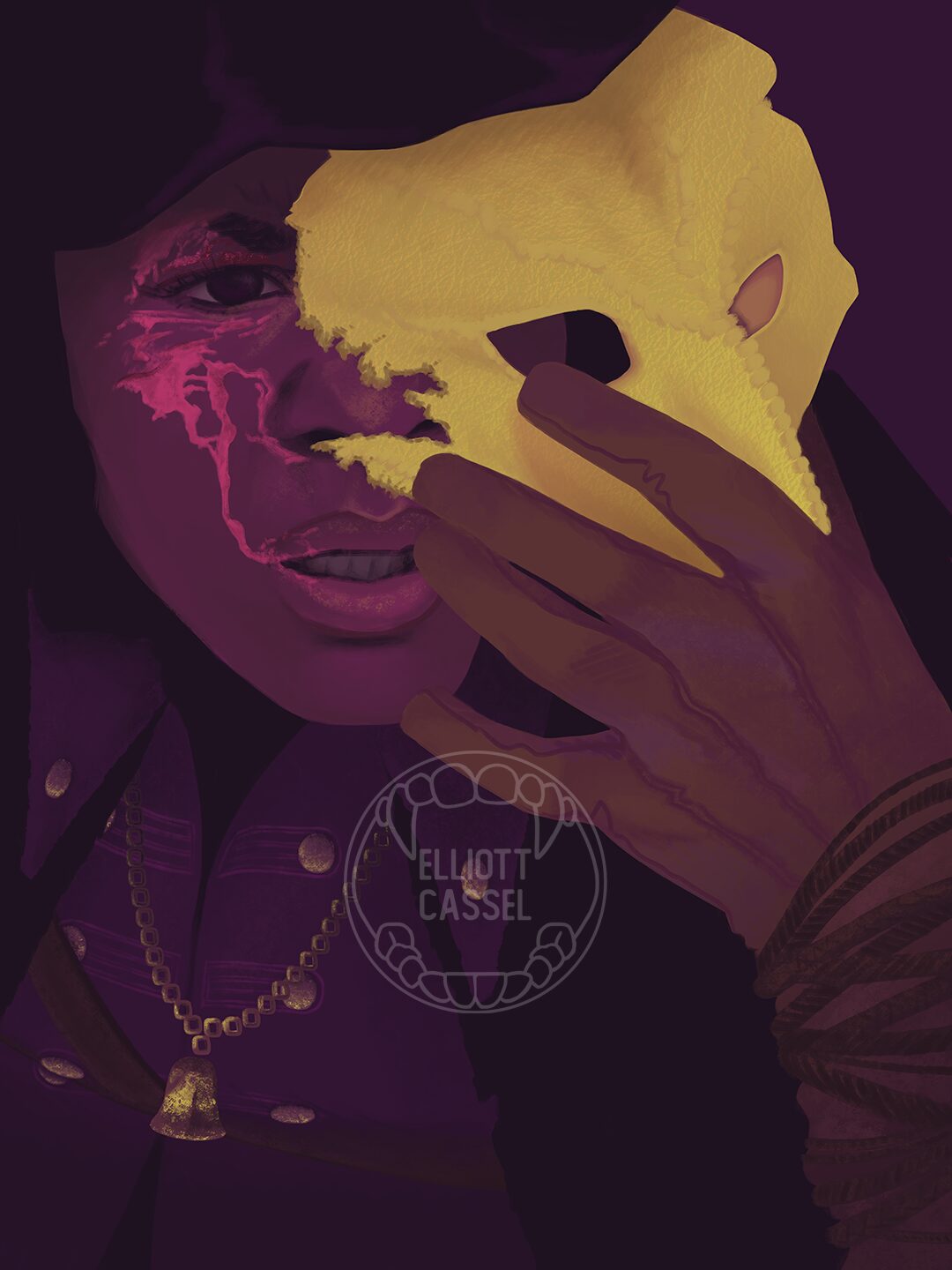 A purple-toned digital painting of Eileen from Bloodborne, removing her mask to reveal a black woman's face.