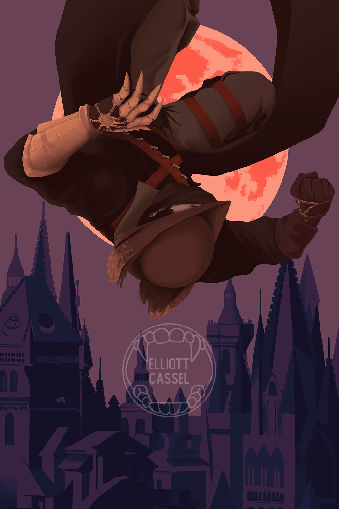 A digital painting of a falling Bloodborne hunter set against the blood moon over Yharnam.