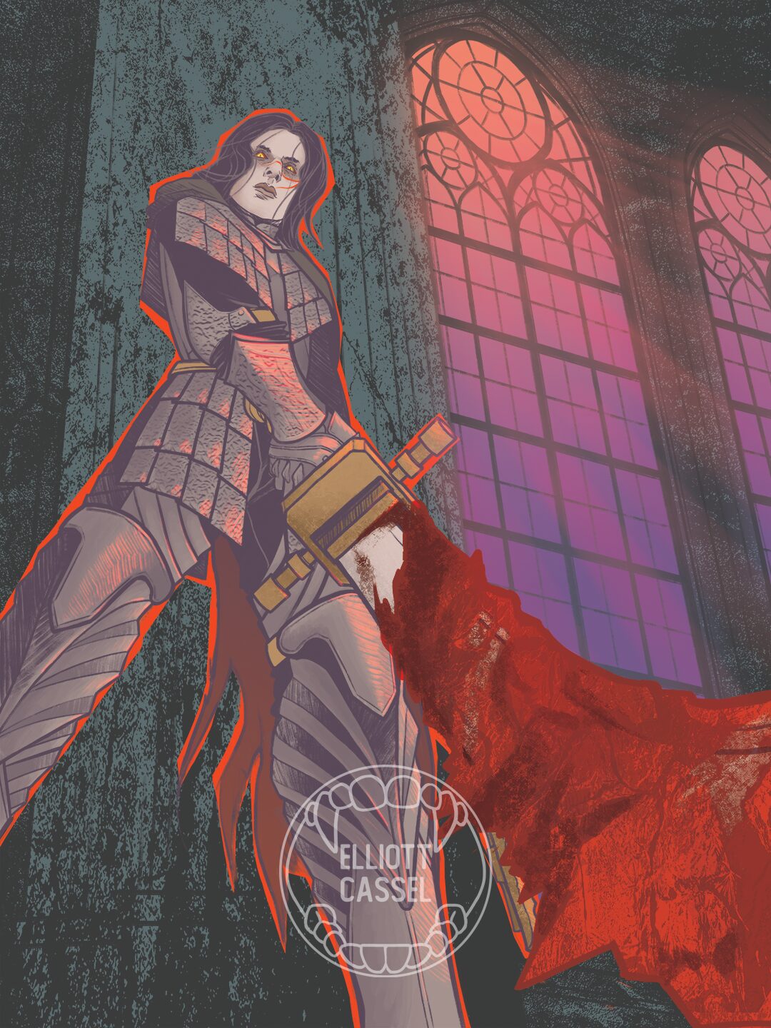 A digital painting of a worm's-eye view of an armored knight with long dark hair pointing his bloodied sword at the ground.