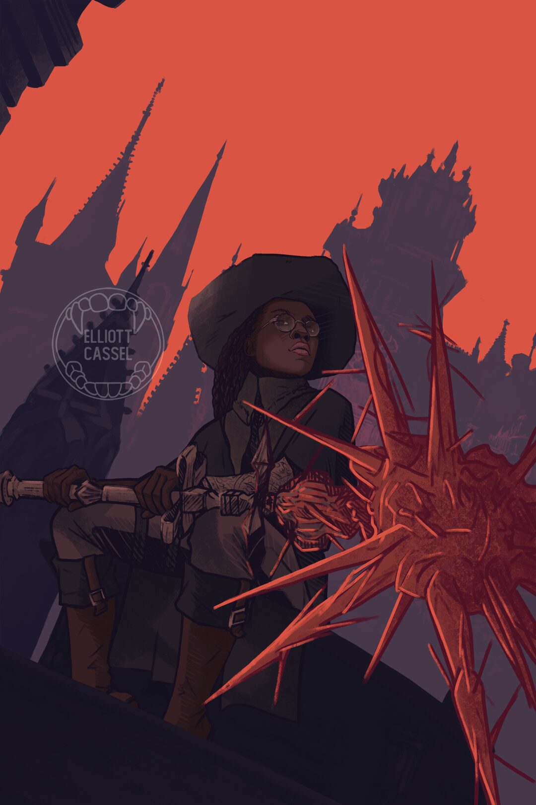 A digital painting of a young black woman perched on a carriage and holding tightly to the Bloodletter, a two handed mace made of blood.