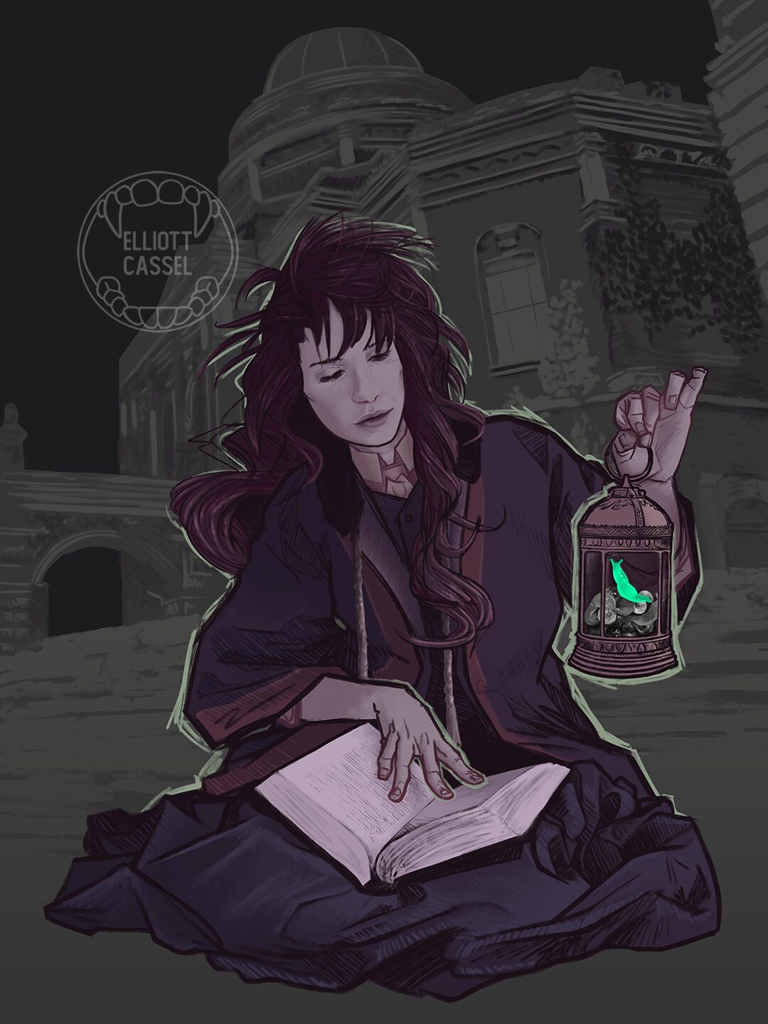 A digital painting of Rom from Bloodborne imagined as a human. Her hair is long and messy, and she is holding a book in her lap and a pearl slug in a lantern.