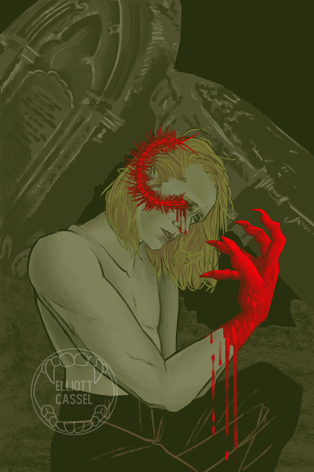 A digital painting of Valtr from Bloodborne, shirtless and in agony as a centipede-like vermin crawls from his eye and his right hand becomes bloody, clawed, and beastly.