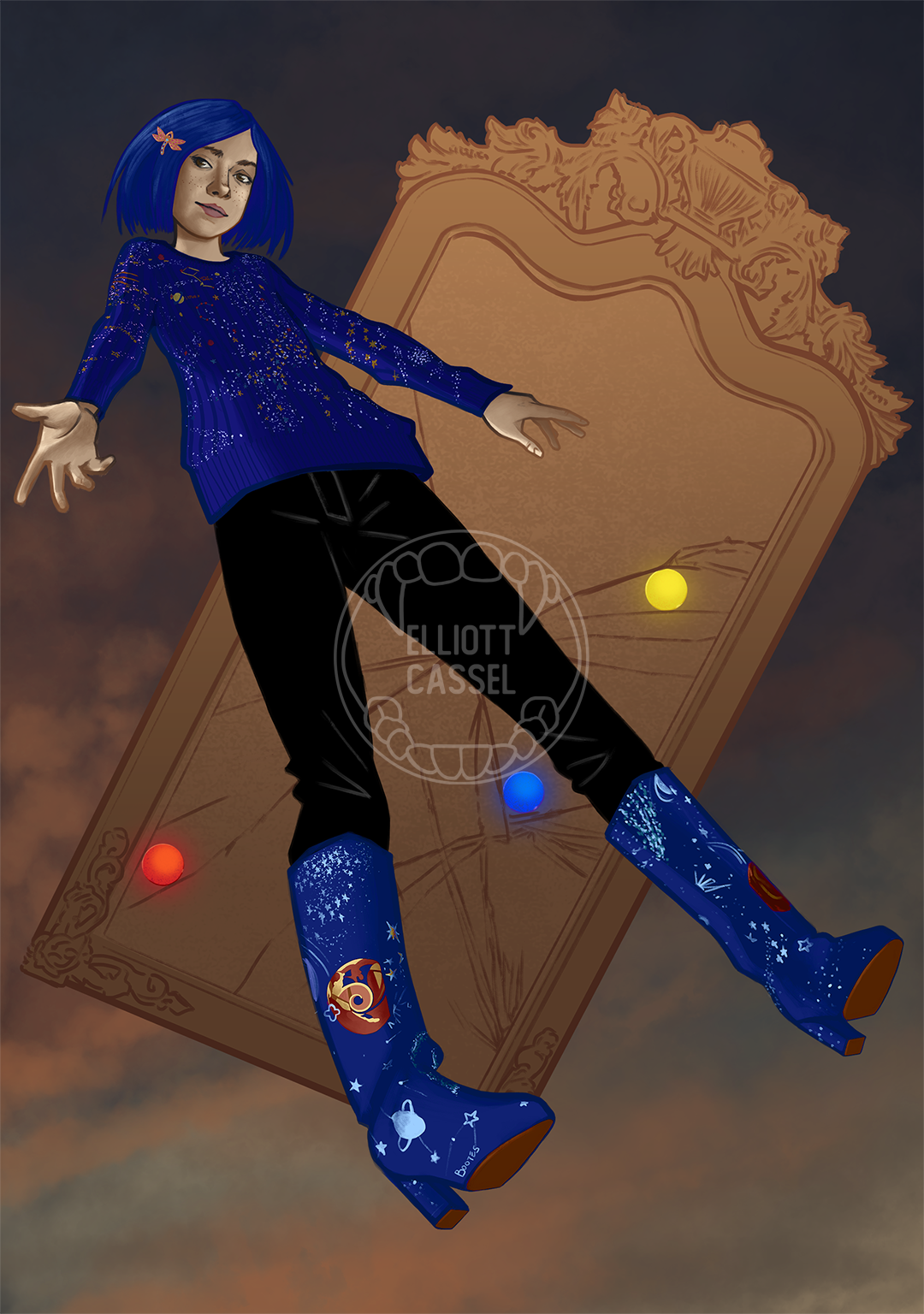 A digital painting of Coraline inspired by both the book and the movie, wearing a deep blue sweater, black jeans, and boots embroidered with galaxies. She is floating in front of the mirror with the three ghosts' marbles in it.