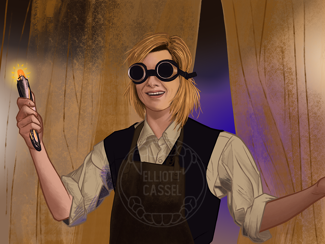 A digital painting of the thirteenth Doctor, appearing as a young white woman with a blonde bob. She is wearing thick black goggles and a leather apron, brandishing her sonic screwdriver.
