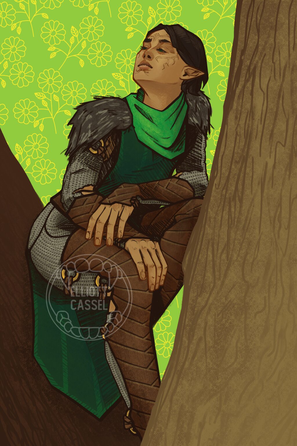 A young female elf in leather armor leans in between two trees. The background is lime green with yellow outlines of daisies.