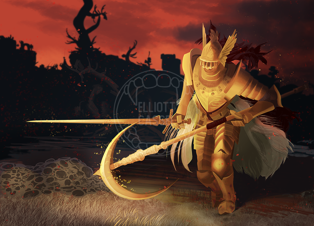 A digital painting of a golden knight in winged helmet, wielding a sword in one hand and a halo scythe in the other.