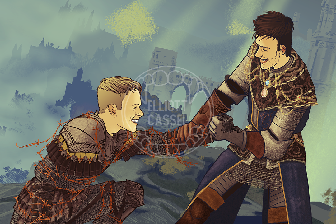 A digital painting of a young brunette white man wearing the Carian Knight armor, giving a hand to a young blond white man in the Briar set.
