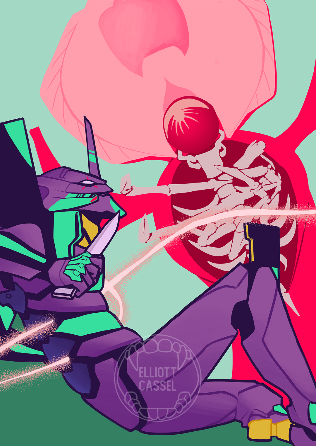 A digital painting of a purple humanoid mecha fighting a hooded red alien with skeletal under-limbs.