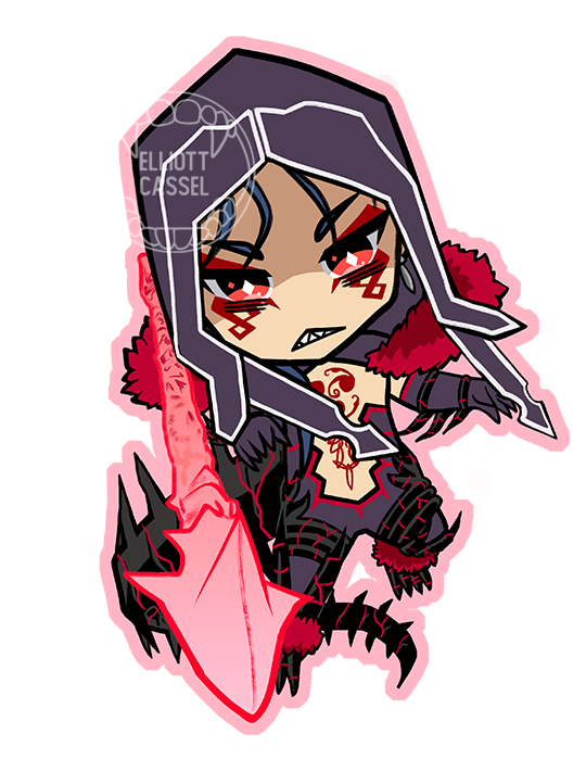 A digital painting of chibi Cu Alter throwing his spear at the viewer with an angry face.