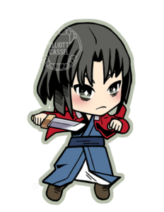 A digital painting of chibi Ryougi Shiki ready with her knife.