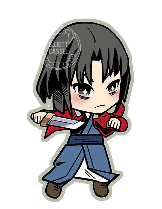 A digital painting of chibi Ryougi Shiki ready with her knife.