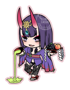 A digital painting of chibi Shuten-douji pouring sake from a cup as she smiles with fangs.