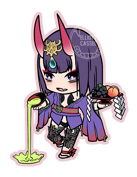 A digital painting of chibi Shuten-douji pouring sake from a cup as she smiles with fangs.