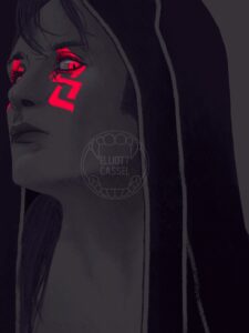 A very dark digital painting of Cu Chulainn Alter from Fate/Grand Order, modeled after Cillian Murphy. Bright red eyes and tattoos frame his face.