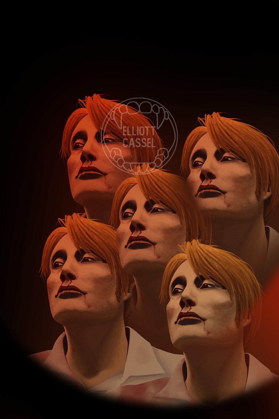 A digital portrait of Hannibal Lecter, multiplied as if in a kaleidoscope.