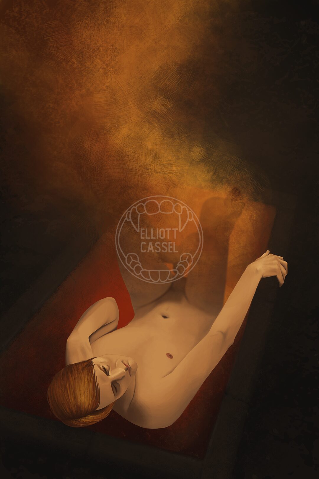 A digital painting of Hannibal Lecter naked in a smoking tomb.