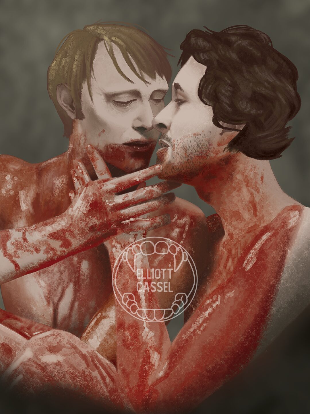 A digital painting of Hannibal Lecter almost caressing Will Graham's face, as they are both absolutely drenched in blood.