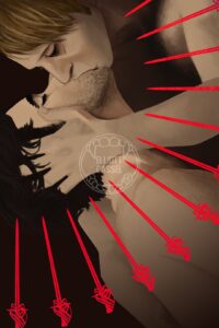 A digital painting of Hannibal Lecter deeply kissing Will Graham, surrounded by red swords.