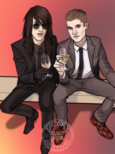 A digital painting of Vincent MacLachlan and Nikolay Ravenscroft in suits, sitting on a bench and toasting glasses of champagne at the viewer.