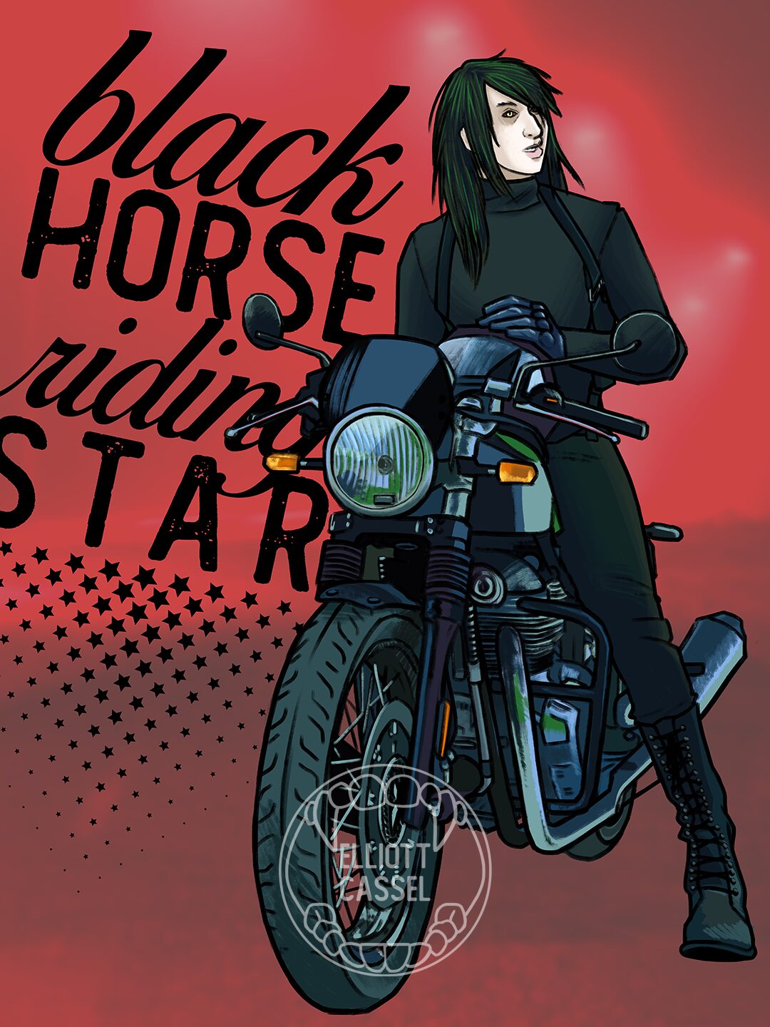 A digital painting of a man in a black turtleneck and jeans standing over a motorcycle, not quite riding it.