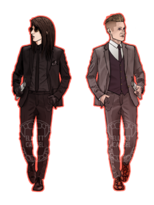 A digital painting of two sides of a bookmark. One side is young white vampire Vincent MacLachlan in sunglasses and all-black suit. The other side is blond white man Nikolay Ravenscroft in grey three-piece suit.