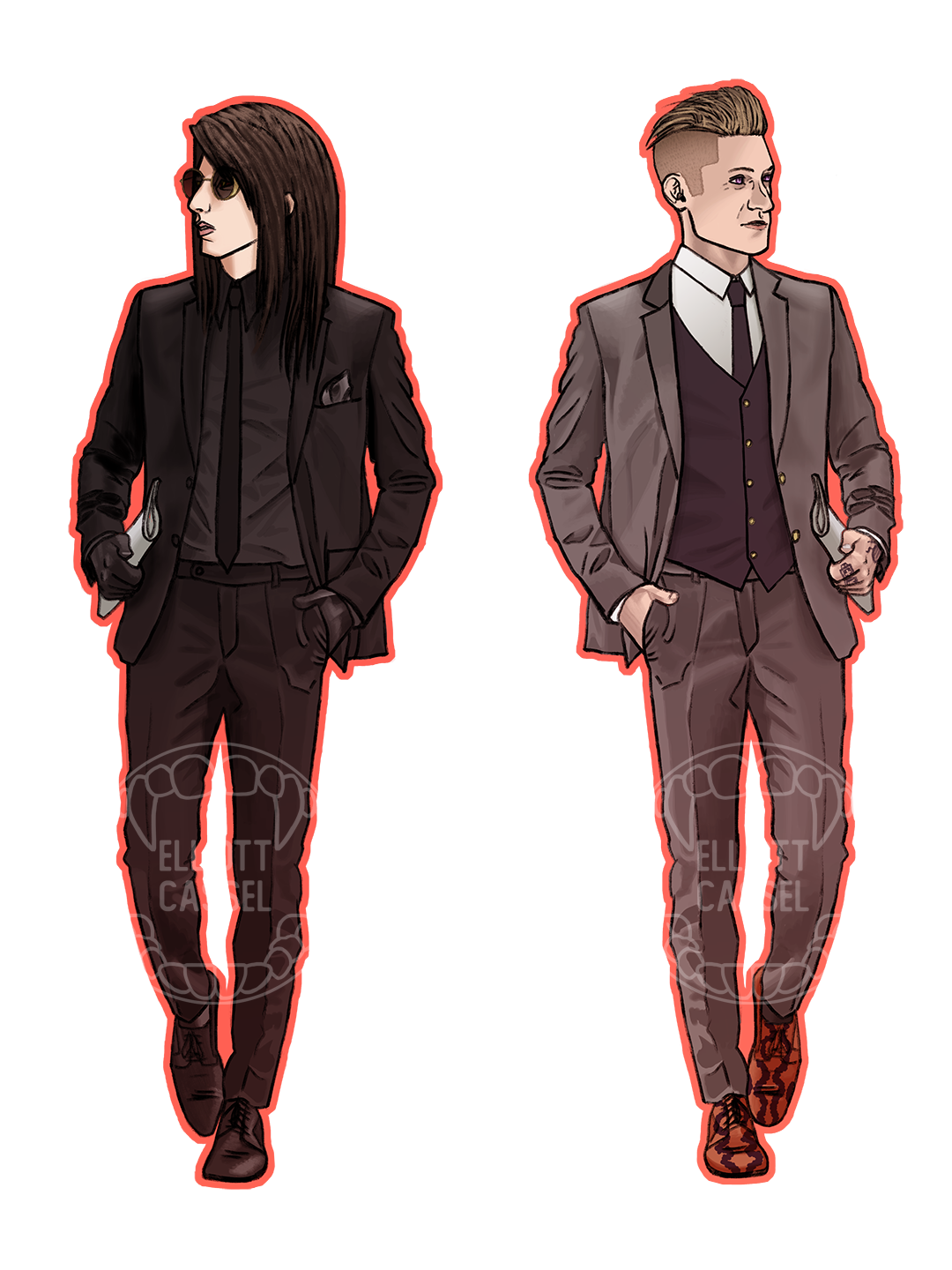 A digital painting of two sides of a bookmark. One side is young white vampire Vincent MacLachlan in sunglasses and all-black suit. The other side is blond white man Nikolay Ravenscroft in grey three-piece suit.