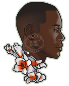 A digital painting of the head in profile of a young black man with small silver earrings and short-cropped hair. White and orange gladiolus flowers wreath his neck.