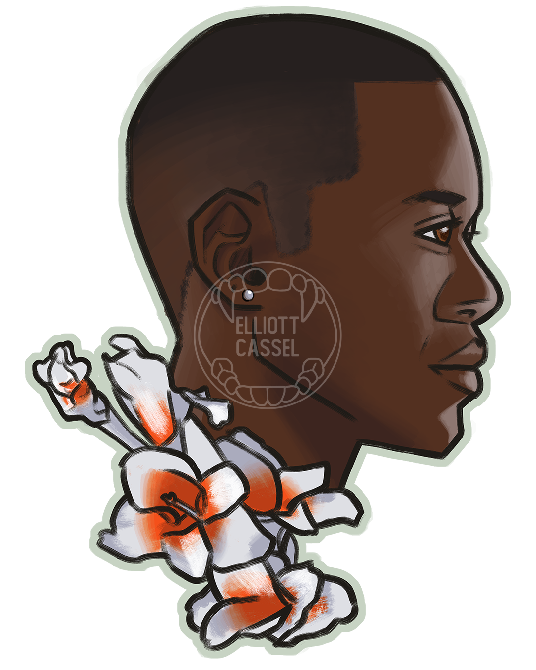A digital painting of the head in profile of a young black man with small silver earrings and short-cropped hair. White and orange gladiolus flowers wreath his neck.
