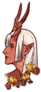 A digital painting of the head in profile of a dusky-red-skinned, long-white-haired, horned demon. Yellow and red German iris flowers wreath his neck.