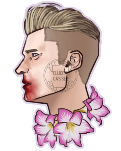 A digital painting of the head in profile of a white man with short blond hair, his face covered in blood. Pink amaryllis flowers wreath his neck.