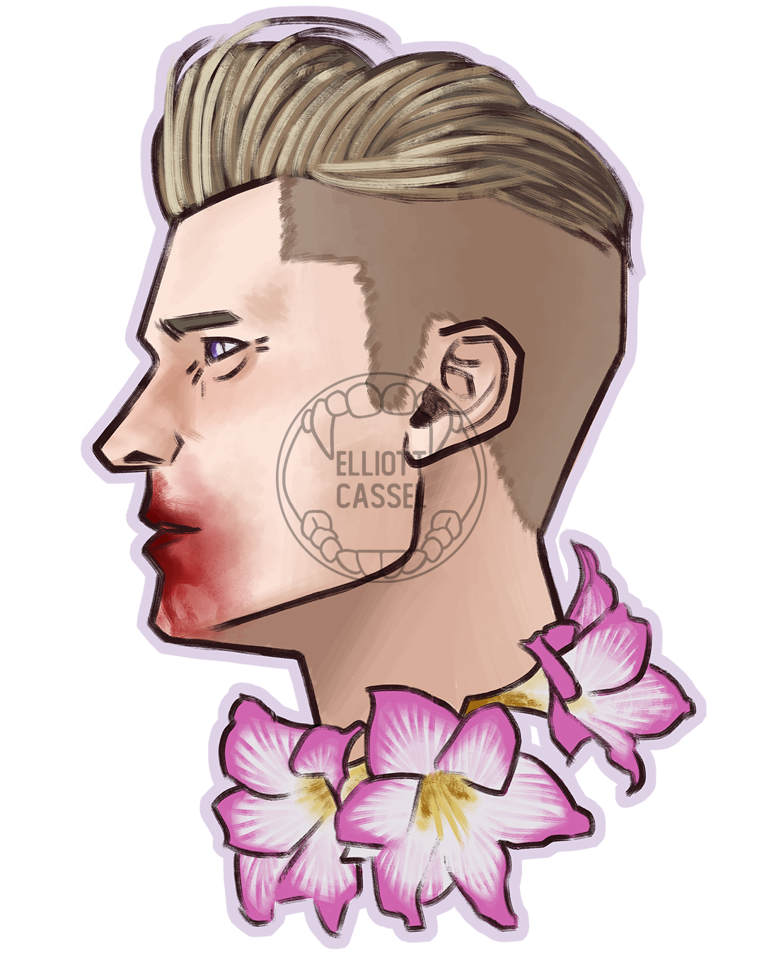 A digital painting of the head in profile of a white man with short blond hair, his face covered in blood. Pink amaryllis flowers wreath his neck.