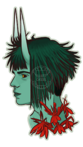 A digital painting of the head in profile of a young, horned, green-skinned demon with short blackish-green hair. Small red lobelia flowers wreath his neck.
