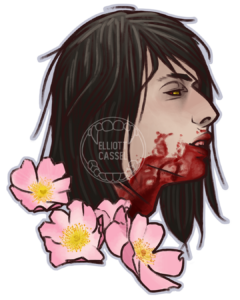 A digital painting of the head in profile of a young white vampire with long black hair, his face covered in blood. Pink dog rose flowers wreath his neck.