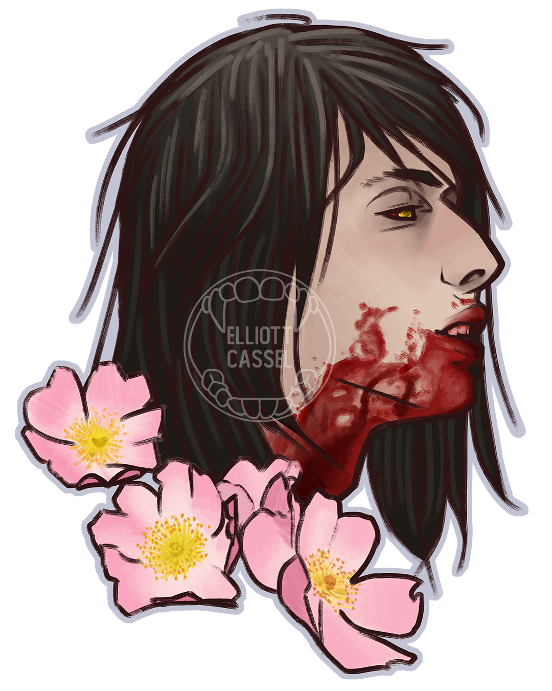 A digital painting of the head in profile of a young white vampire with long black hair, his face covered in blood. Pink dog rose flowers wreath his neck.
