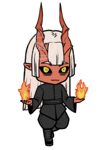 A digital painting of a chibi version of the demon Hissutu, dressed in all black holding two fireballs.