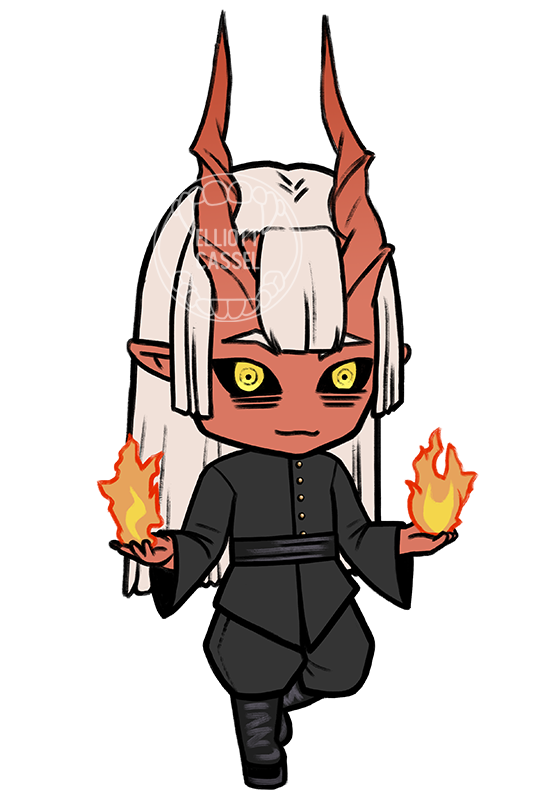 A digital painting of a chibi version of the demon Hissutu, dressed in all black holding two fireballs.