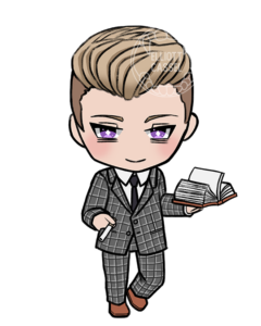 A digital painting of a chibi version of Nikolay Ravenscroft, wearing a plaid suit, holding a book and smoking a cigarette.