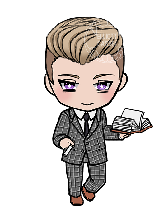A digital painting of a chibi version of Nikolay Ravenscroft, wearing a plaid suit, holding a book and smoking a cigarette.