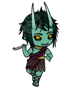 A digital painting of a chibi version of Pendura'u dressed in traditional Babylonian clothing, smoking a long thin pipe.
