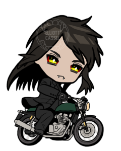 A digital painting of a chibi version of Vincent MacLachlan, dressed in an all-black suit and riding on a motorcycle.