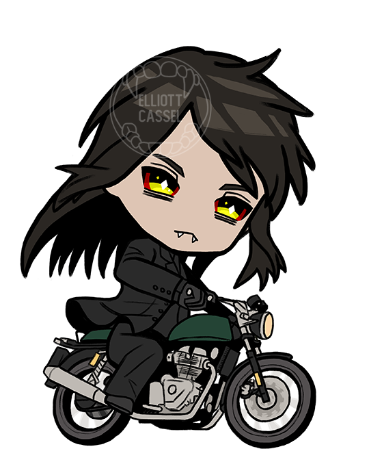 A digital painting of a chibi version of Vincent MacLachlan, dressed in an all-black suit and riding on a motorcycle.