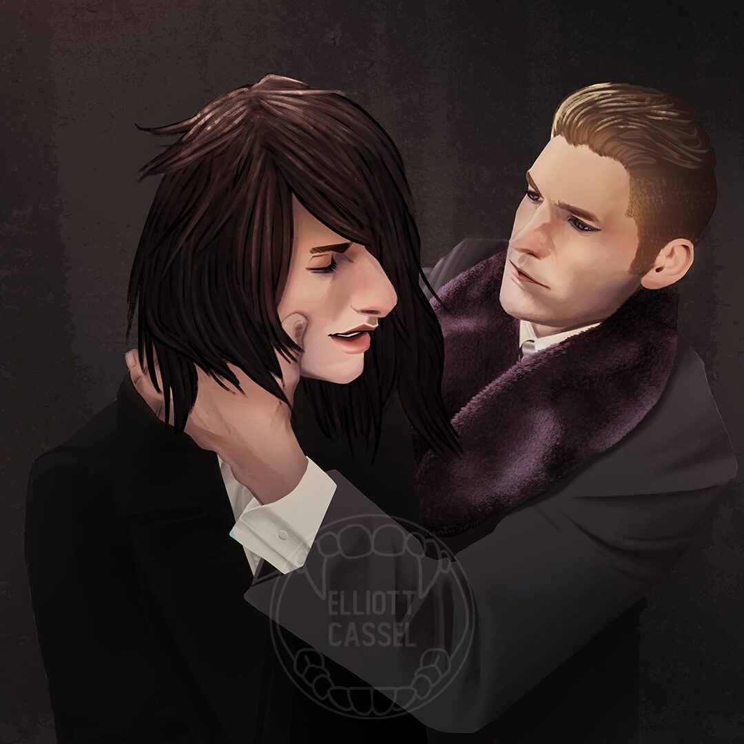 A digital painting of a blonde white man with short hair, Nikolay Ravenscroft, cradling the face of a young white man with long dark hair, Vincent MacLachlan.