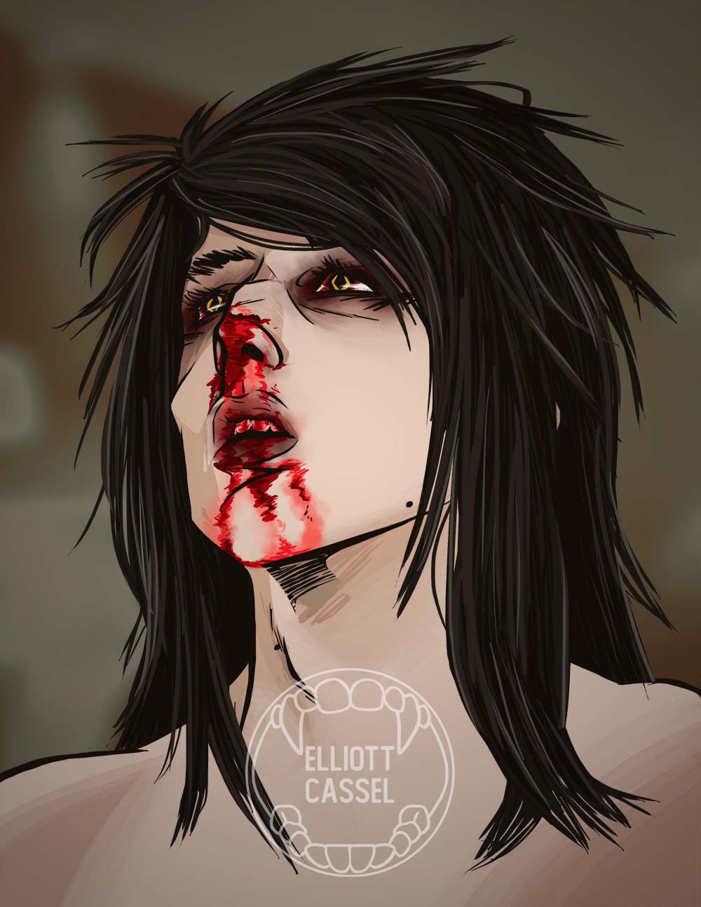 A digital painting of Vincent MacLachlan, a young white vampire with long black hair. He is staring up at someone while his nose bleeds profusely.
