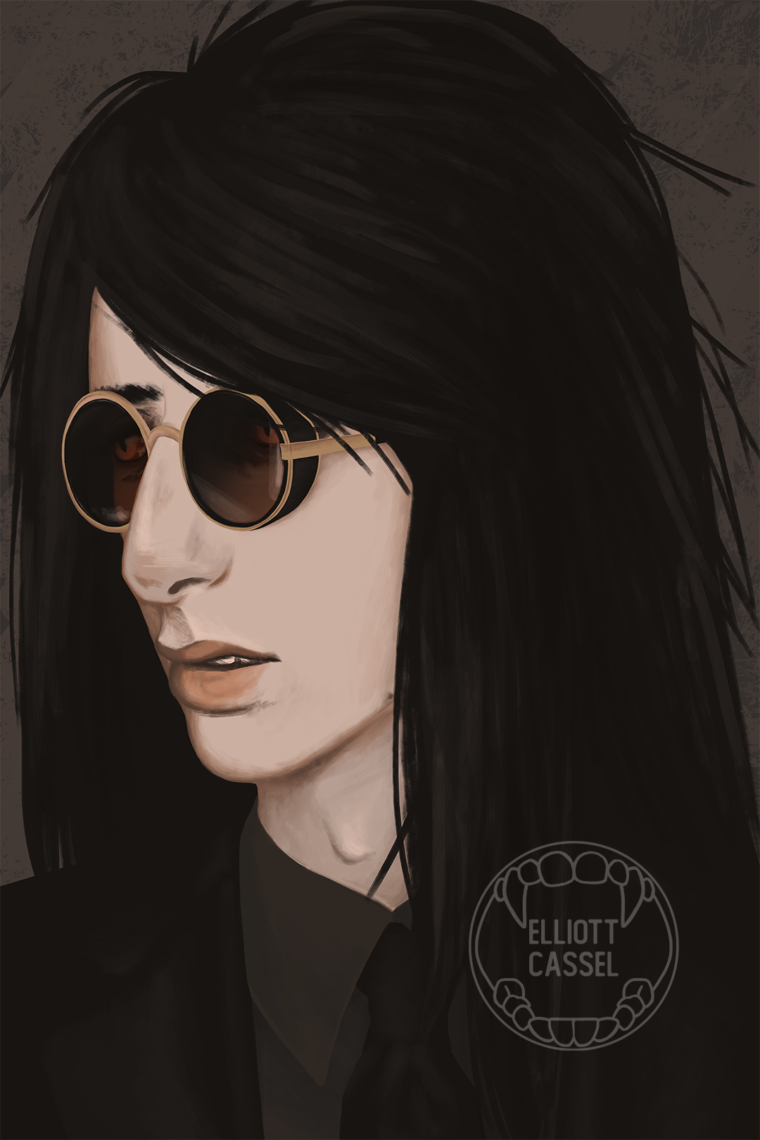 A digital painting of Vincent MacLachlan, a young white vampire with long black hair. He is wearing dark circular sunglasses to conceal his yellow eyes.