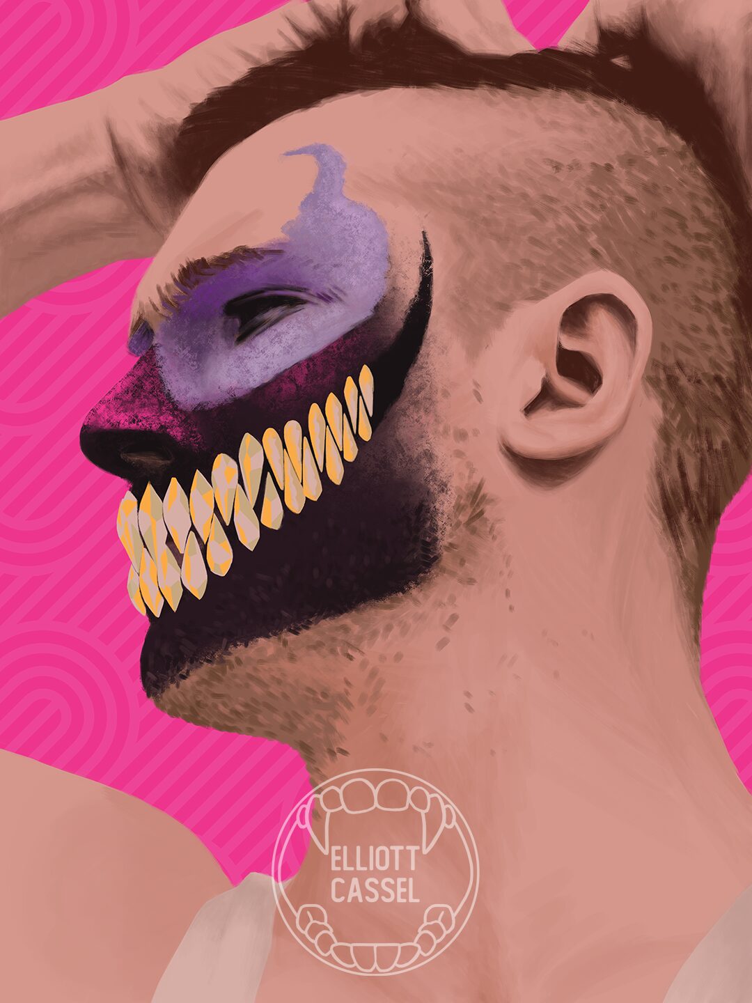 A digital portrait of Tom Hardy as Venom, with a face full of makeup made to resemble the symbiote.