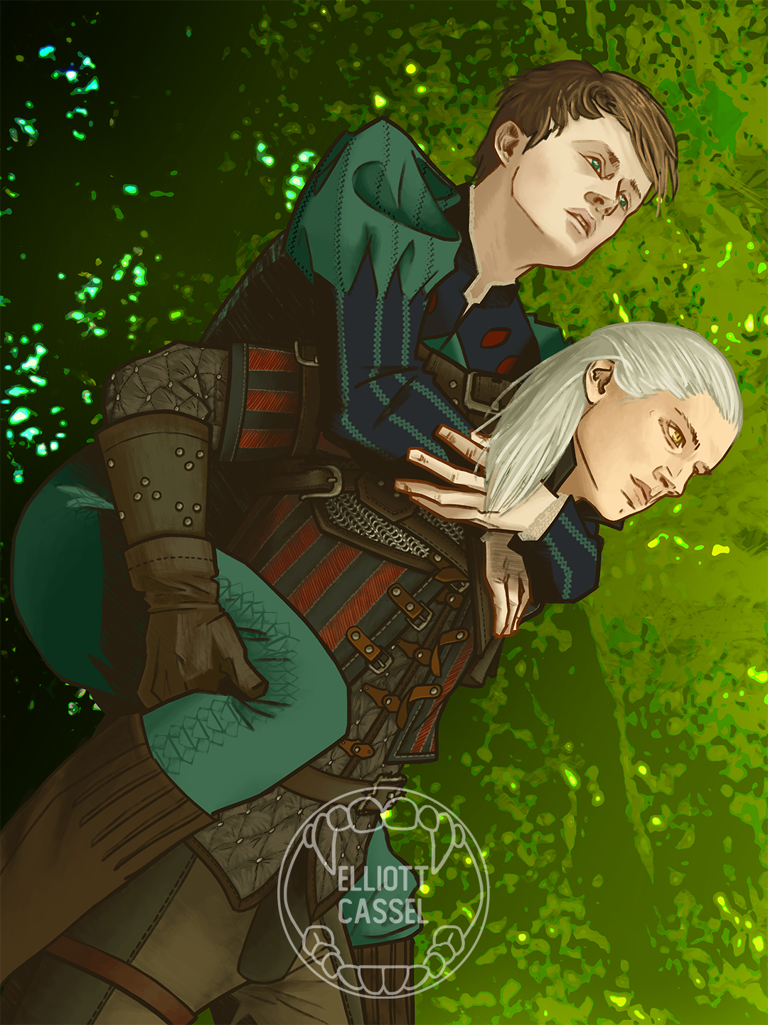 A digital painting of Geralt of Rivia, an armored man with shoulder length white hair and yellow eyes, as he is carrying Jaskier, a young man with short brown hair and green outfit, on his back.